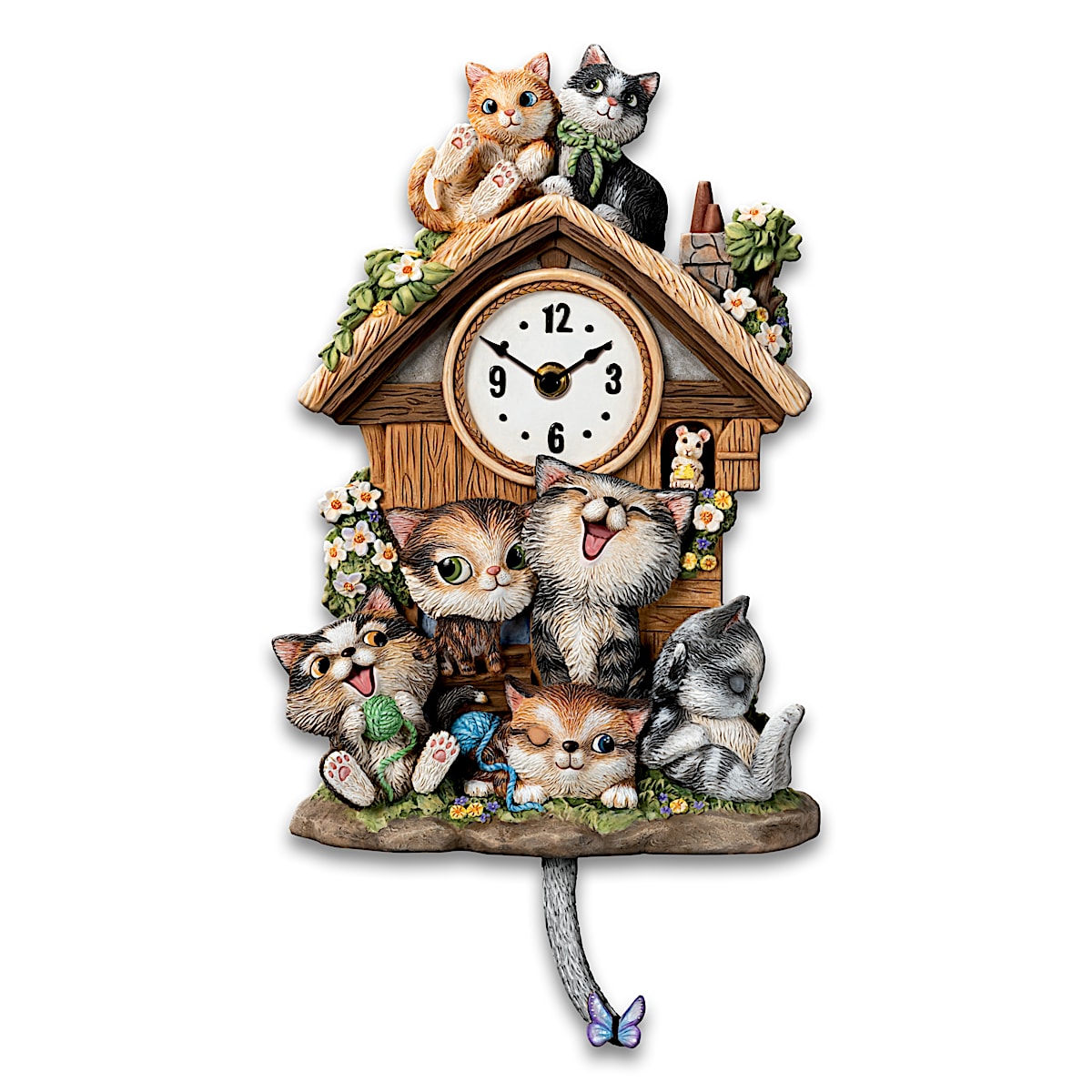 Frolicking Felines Fully Sculpted HandPainted CatThemed Cuckoo Clock